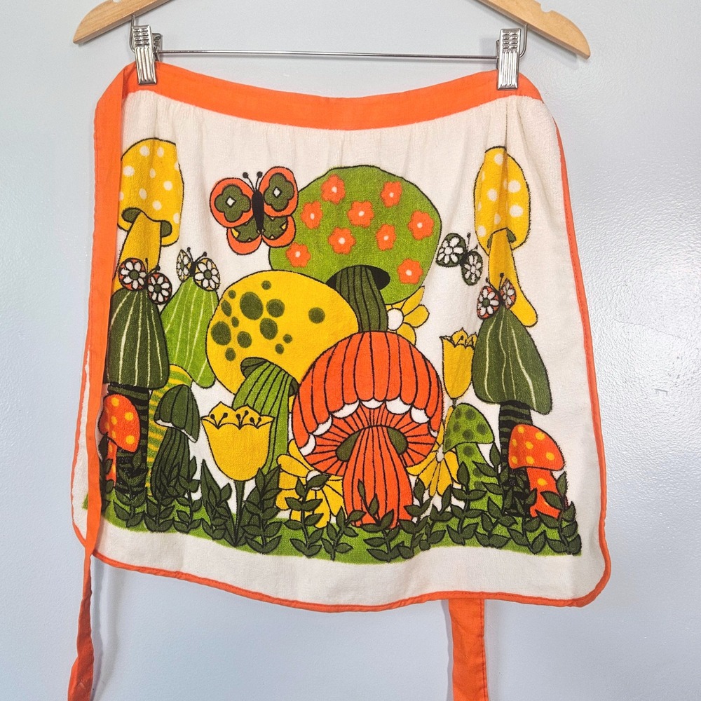 Vtg 70s Royal Terry California Mushroom Butterfly Cotton Terry Cloth Half Apron